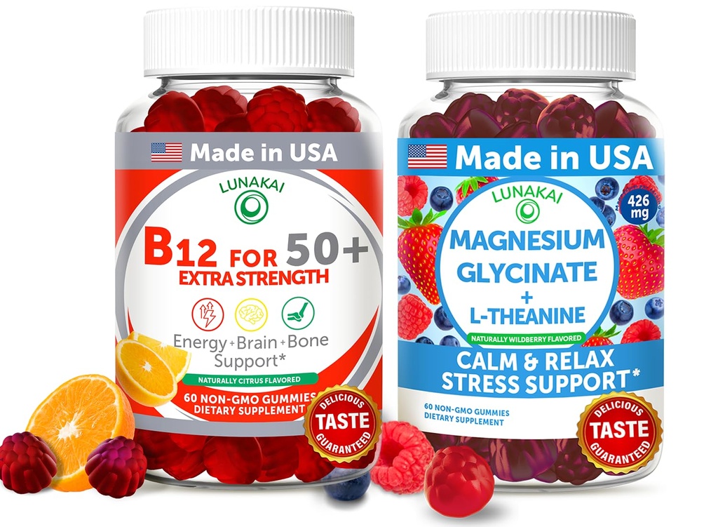 Lunakai USA Made Vitamin B12 for Adults 50+ & Magnesium Glycinate Gummies Bundle, Supports Energy, Mood, Relaxation & Stress Relief, Non-GMO, Vegan, 60ct Each
