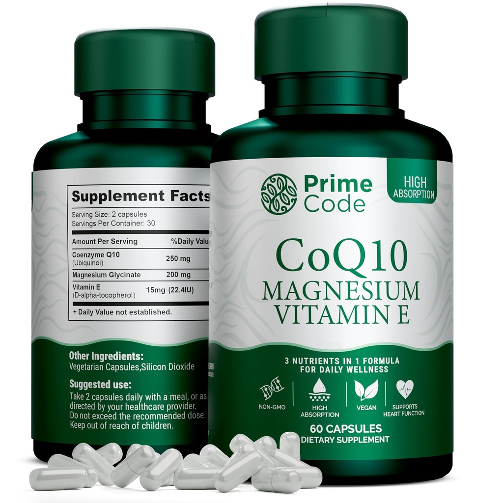 Prime Code [ 3 𝐢𝐧 𝟏] CoQ10 250mg with Magnesium Glycinate and Vitamin E | CoQ10 Capsules 250mg | Magnesium Glycinate 200mg | Vitamin E 15mg | Non-GMO | Gluten & Soy Free | Vegan