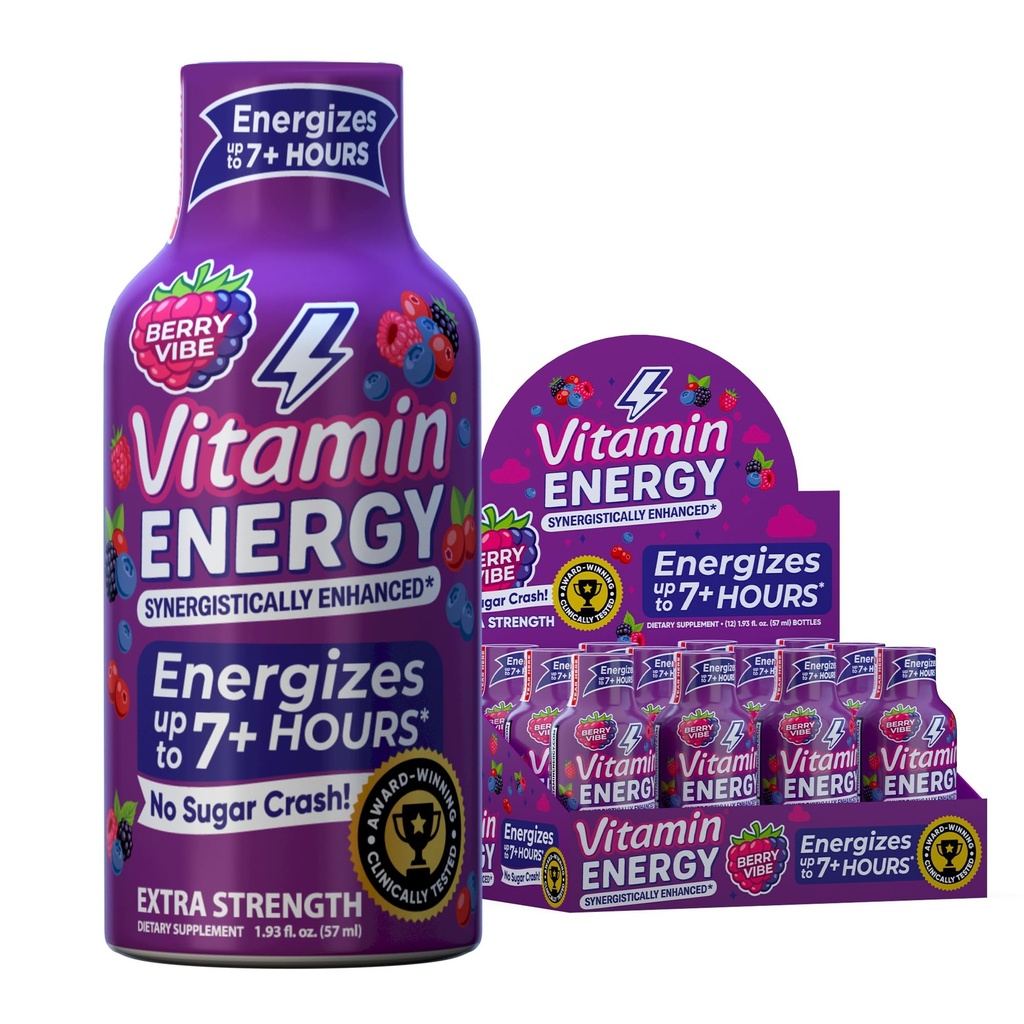 Vitamin Energy B12 11,000% Extra Strength Energy Shot Pink Berry 12 Pack, 260mg Natural Caffeine, B12 & B6, Nootropic Focus, Vitality, Zero Sugar, Gluten-Free, Vegan, Kosher, 1.93 fl oz