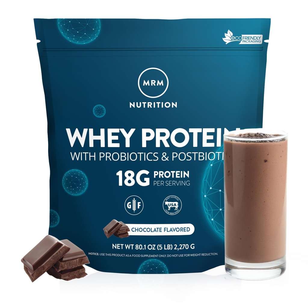 MRM Nutrition Whey Protein - Chocolate Flavored, Microfiltered Whey Protein Isolate & Concentrate, 16 Different Probiotic Strains, BCAAs, & Digestive Enzymes, Gluten Free, for Women & Men- 84 Servings