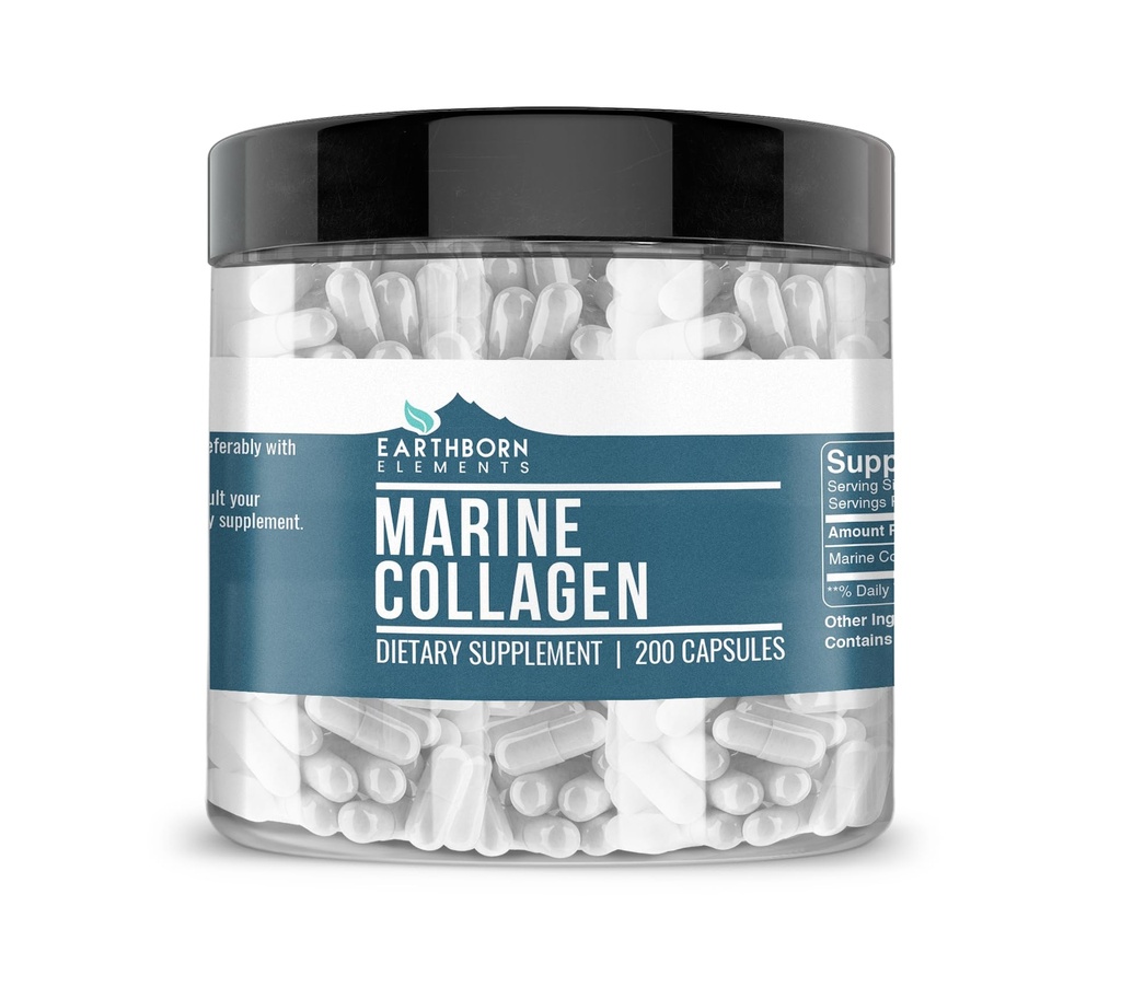 Earthborn Elements Collagen Peptides (200 Capsules) Hydrolyzed Fish Collagen, Non-GMO, Scent-Free, Bioavailable (960 mg Serving)