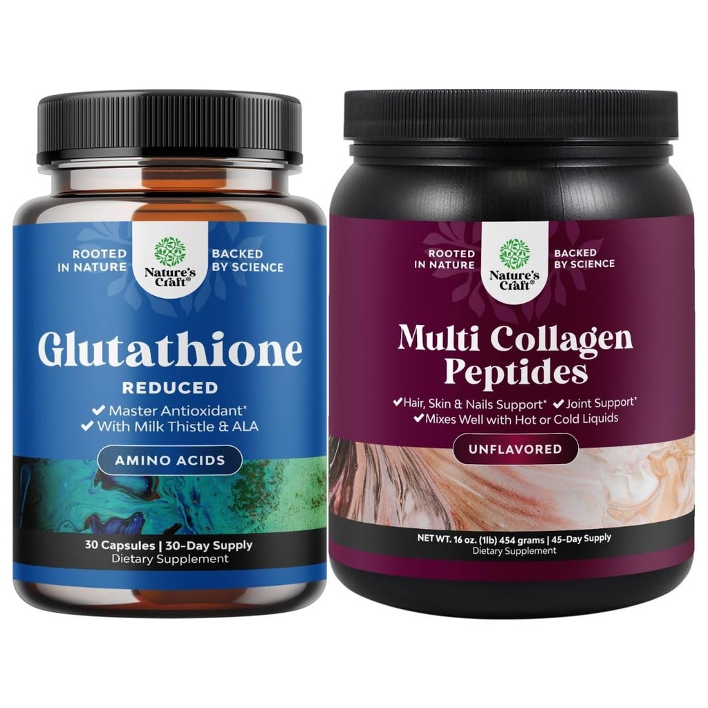 Bundle of Reduced Glutathione Supplement with Milk Thistle - 500 mg per Serving Pure L Glutathione and Multi Collagen Protein Powder - Keto Hydrolyzed Collagen Peptides Hair Skin & Nails Vitamins