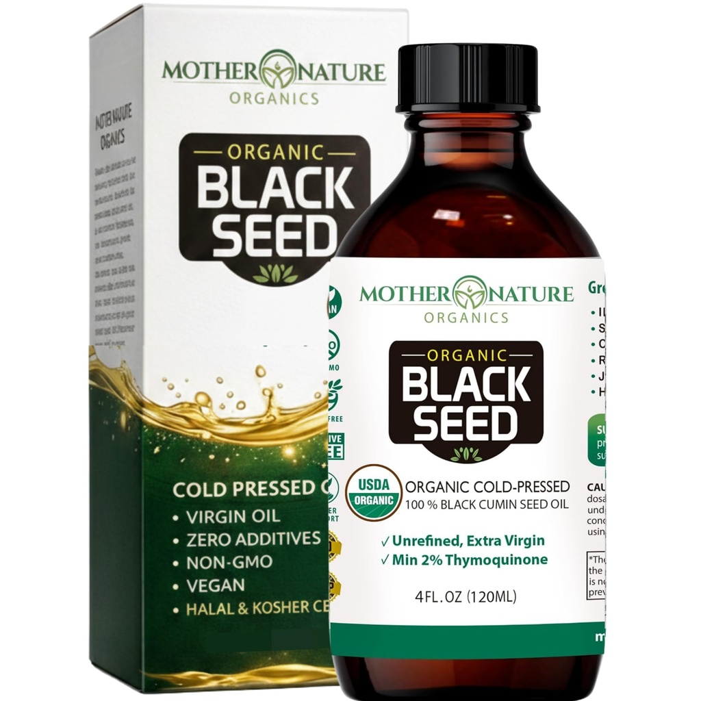 Mother Nature USDA Organic Black Seed Oil – Cold Pressed, Unrefined & Vegan Nigella Sativa, High Thymoquinone (2%+), Omega 3 6 9 for Immune, Joint & Heart Support, Hair & Skin, Non-GMO, 4oz