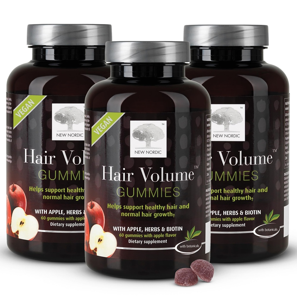 NEW NORDIC Hair Volume Gummies | Hair Supplement Gummies for Women with Biotin | Daily Hair Wellness Support for Fuller-Looking Hair & Volume | 60 Count | Pack of 3