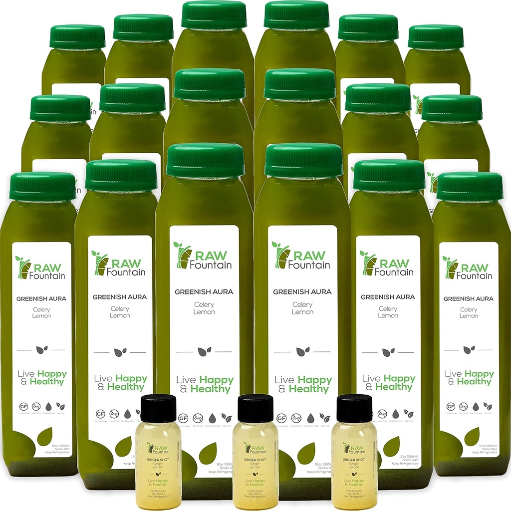 Celery Juice Cleanse by Raw Fountain, All Natural Raw, Cold Pressed Juices, Morning Detox Cleanse, 30 Bottles 12oz, 5 Bonus Ginger Shots