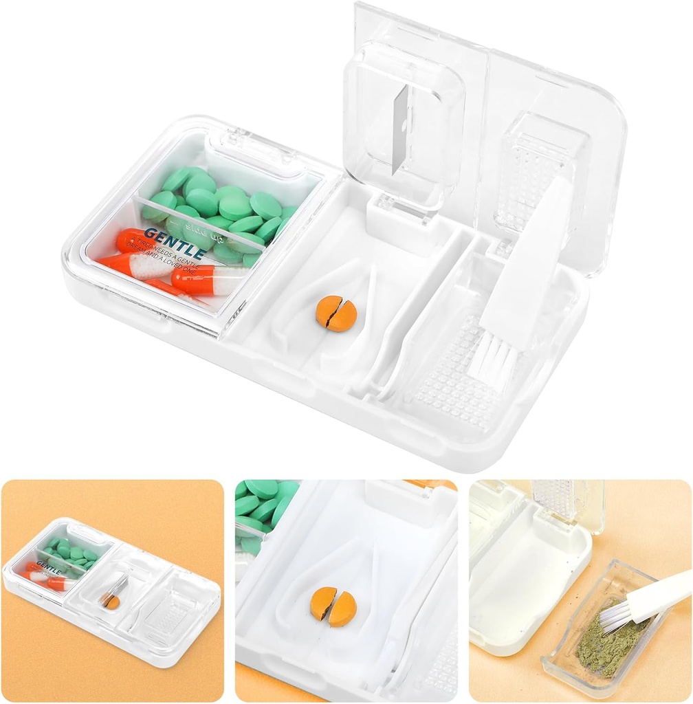 Toplive Portable 3-in-1 Pill Cutter and Pill Grinder and Pill Holder, Accurate Easy Cutting, Medication Crusher for Small Large Pills, Vitamin Tablets Splitter for Elderly Kids Pets, White