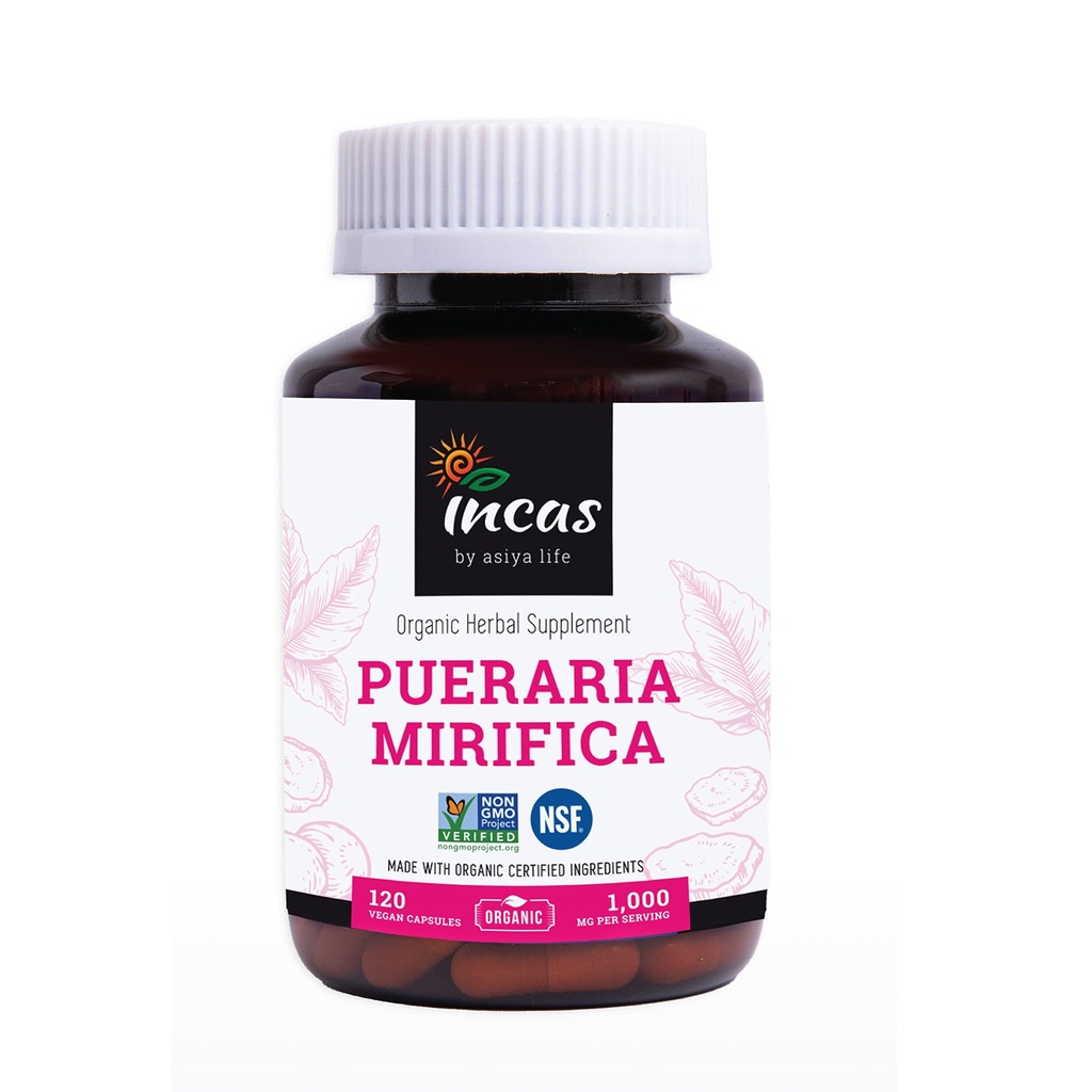 INCAS Organic Pueraria Mirifica 1,000mg Per Serving Root Extract Powder Vegan Capsules from Thailand Non GMO Verified Promotes Women's Health, Organic Natural Herbal