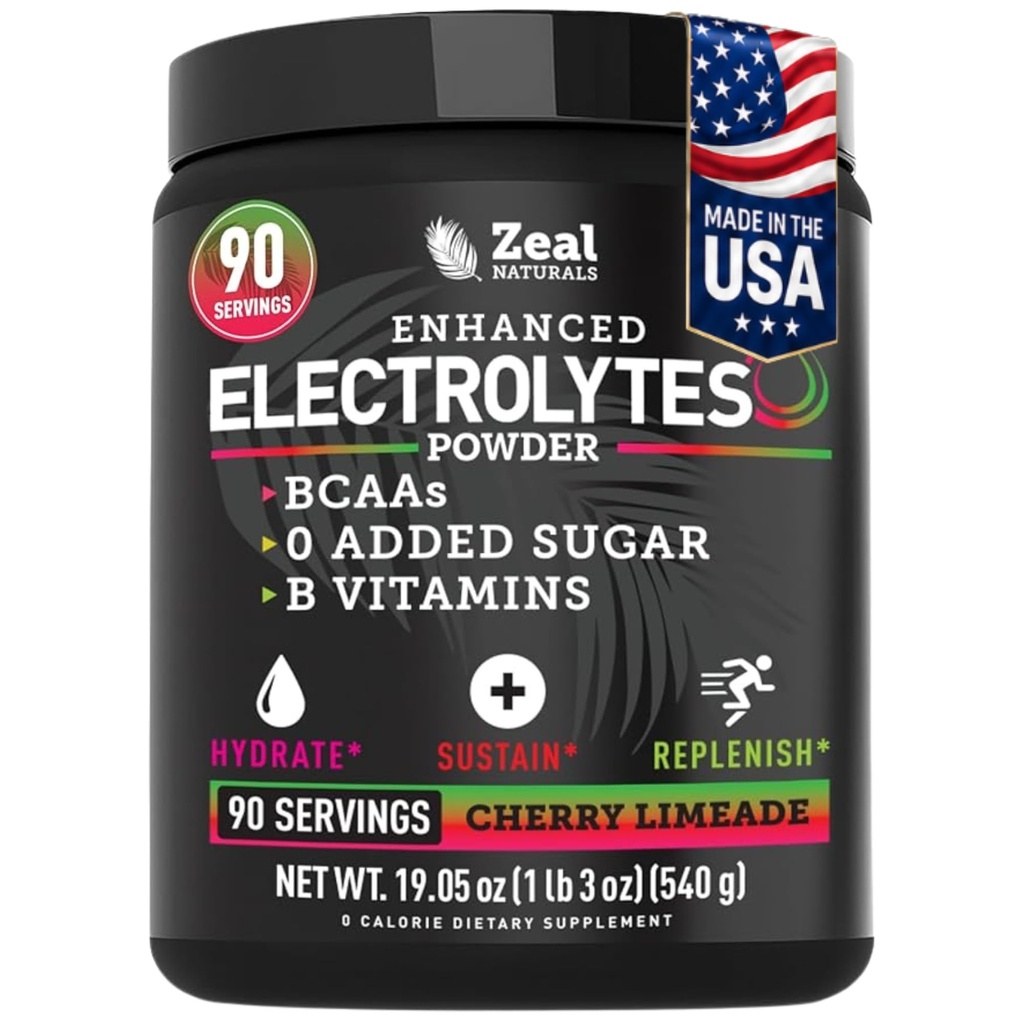 Zeal Electrolyte Powder - 90 Servings | Keto Electrolytes Powder | Zero Sugar, BCAAs, B-Vitamins | Potassium, Zinc, Magnesium | Hydration Powder Recovery Drink | Cherry Limeade