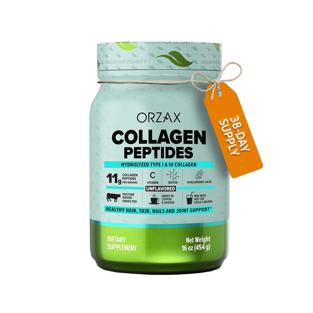 ORZAX Collagen Peptides Powder | Grass-Fed Bovine Hydrolyzed Type I & III with Biotin & Hyaluronic Acid | Unflavored Collagen Supplement for Women & Men | Skin, Hair, Nails & Joints | 16 oz