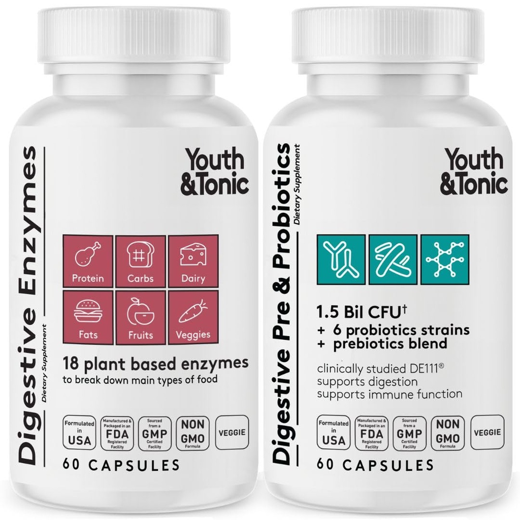 Youth & Tonic Digestive Supplement for Bloating, Regularity & Gut Health. Full Spectrum Enzymes Probiotics & Prebiotics for Digestion to Break Down Food and to Use Daily, for Women & Men – 120 Pills
