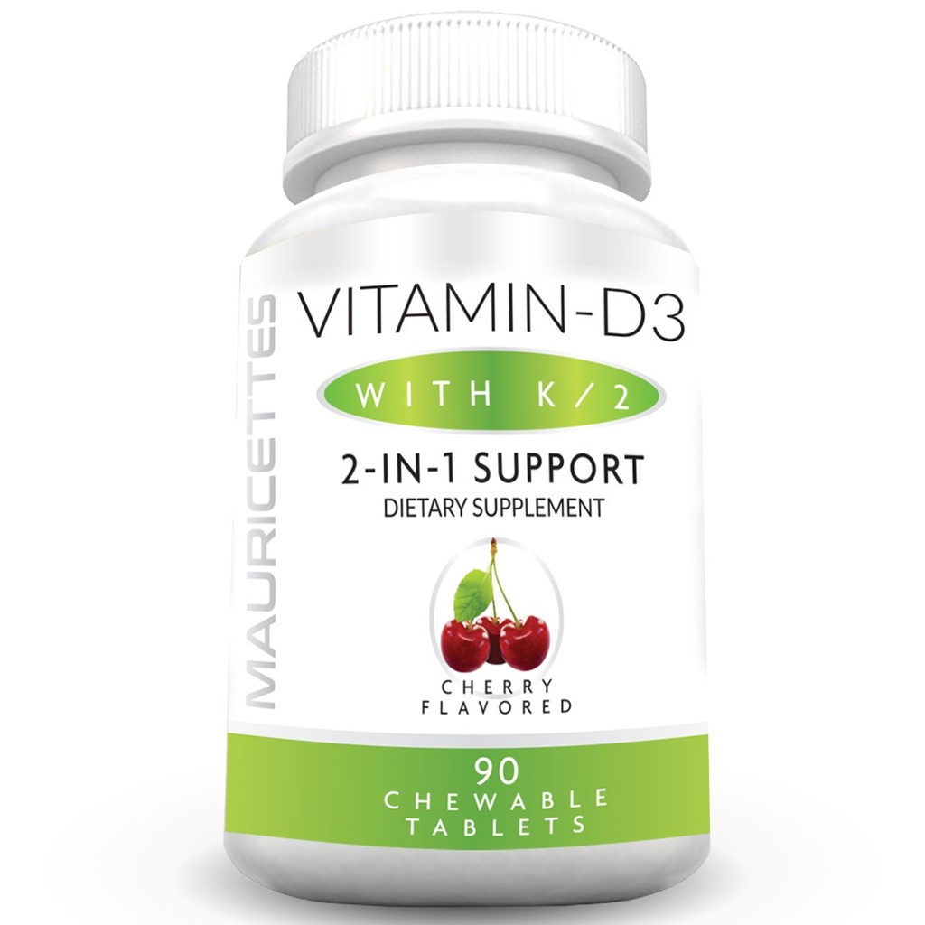 Mauricettes Chewable Vitamin D3 with K2 – 2-in-1 Bone & Heart Health Support – Immune Booster – Natural Cherry Flavor – 90 Tablets for Adults & Kids