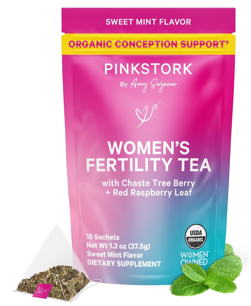 Pink Stork Organic Fertility Tea for Women | Women's Fertility Support Tea with Chaste Tree Berry (Vitex) + Red Raspberry Leaf | Hormone Balance Herbal Tea, Caffeine Free Sweet Mint, 15 Sachets