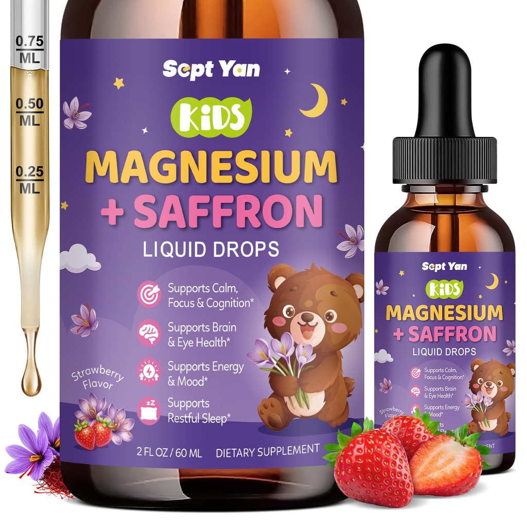 Magnesium Saffron Liquid Drops for Kids, Magnesium Glycinate Liquid with Saffron, L-Theanine, Vitamin B & C for Nerve, Sleep, Muscle, Calm & Relaxation, Sugar-Free,Strawberry Flavor, 2 Fl Oz