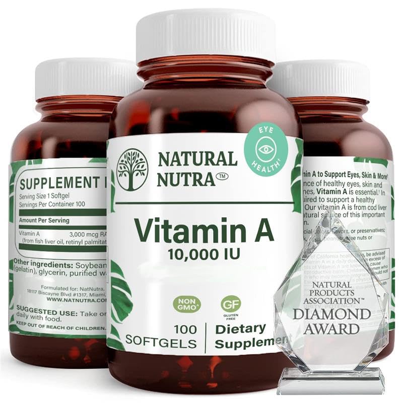 Natural Nutra Vitamin A 10000 IU Softgels, Vitamin A 100 Count (2 Pack) | 10000 IU Per Softgel,Supports Eye Health,Supports Skin Health,Gluten Free