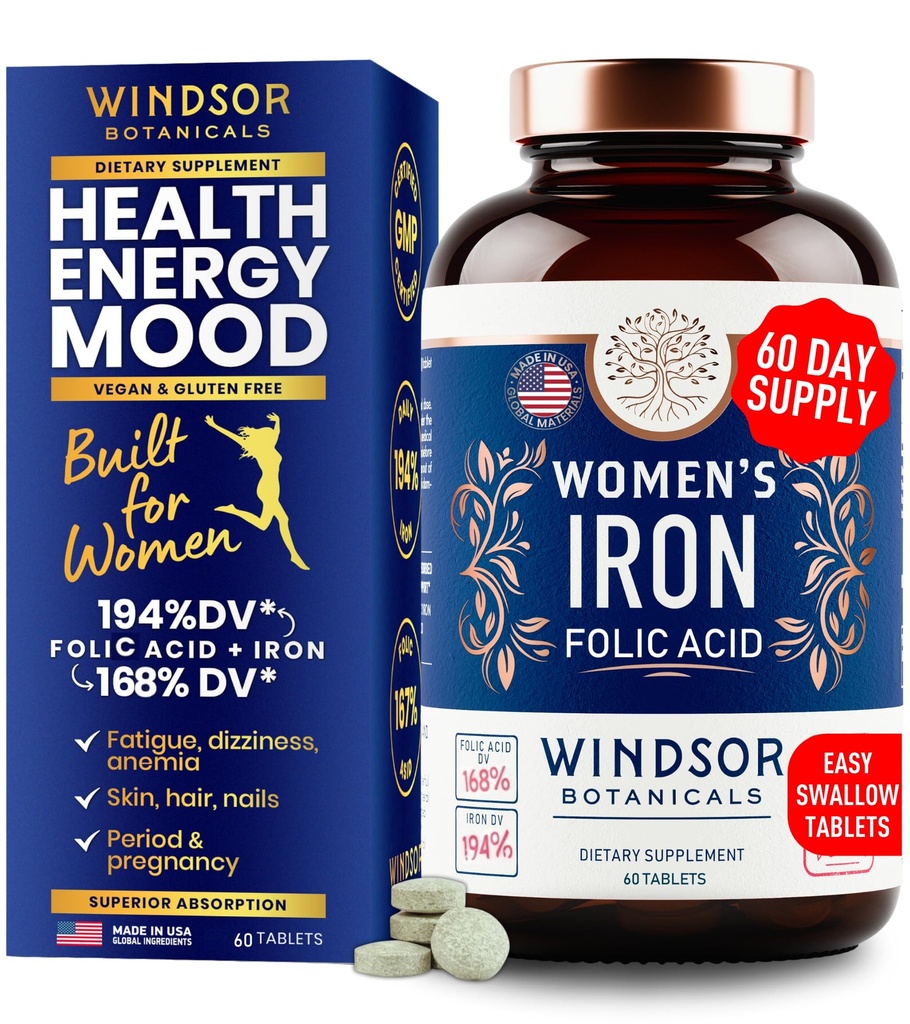 Iron and Folic Acid Supplements for Women - 35mg Gentle Iron Vitamin, Folic Acid 400mcg - Anemia, Period, Pregnancy Support Supplement, Ferrous Sulfate Pills - 60 Vegan Non-Constipating Tablets