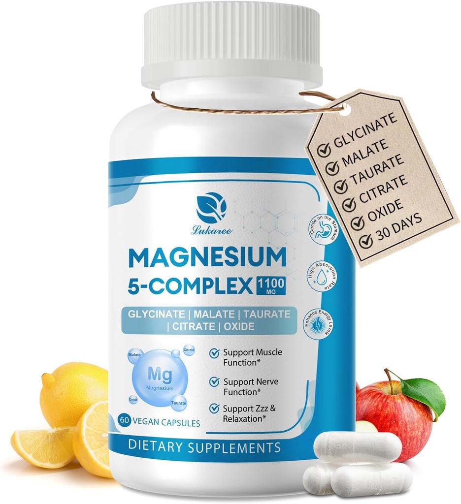 5-in-1 Magnesium Complex Supplement with Vitamins & Herbal Extracts, 30 Days Supply with Magnesium Glycinate Citrate Malate Taurate Oxide for Calm Bone Muscle Energy Cortisol Balance, Vegan