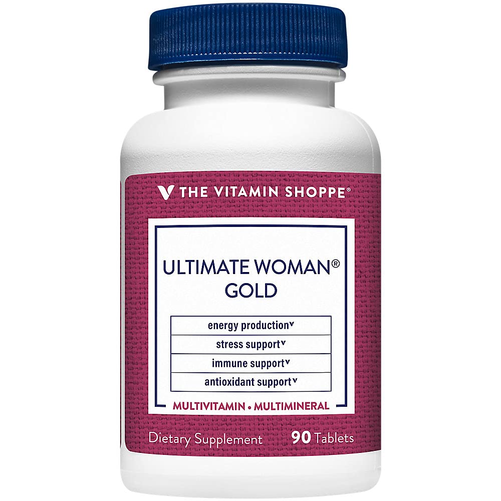 The Vitamin Shoppe Brand Ultimate Woman’s Gold Multivitamin with Iron, B Vitamins & Vitamin D3, Women’s Daily Multivitamin for Energy Production, Bone & Immune Health Support, Gluten Free, 90 Tablets