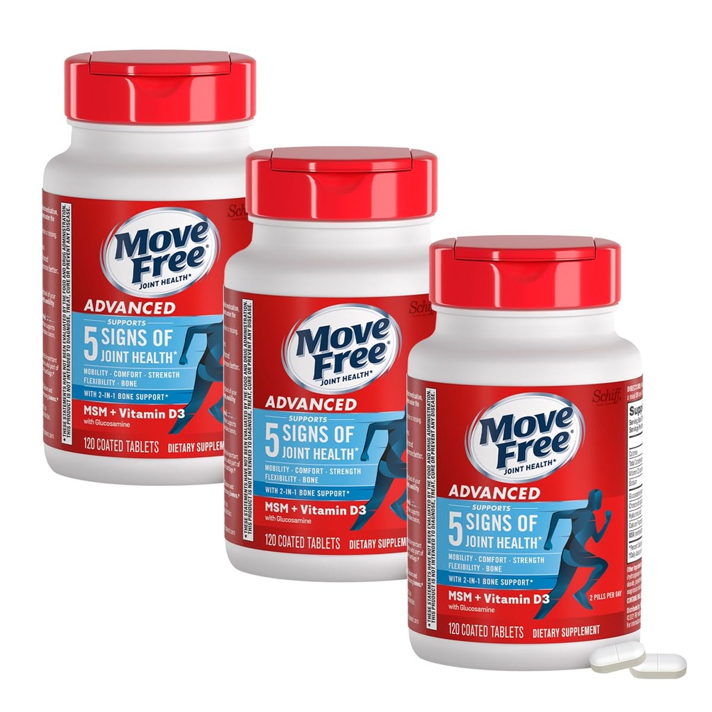 Move Free Advanced Glucosamine Chondroitin MSM + Vitamin D3 Joint Support Supplement, Supports Mobility Comfort Strength Flexibility & Bone + Immune Health - Tablet, 3x120ct Bottles (120 servings)*