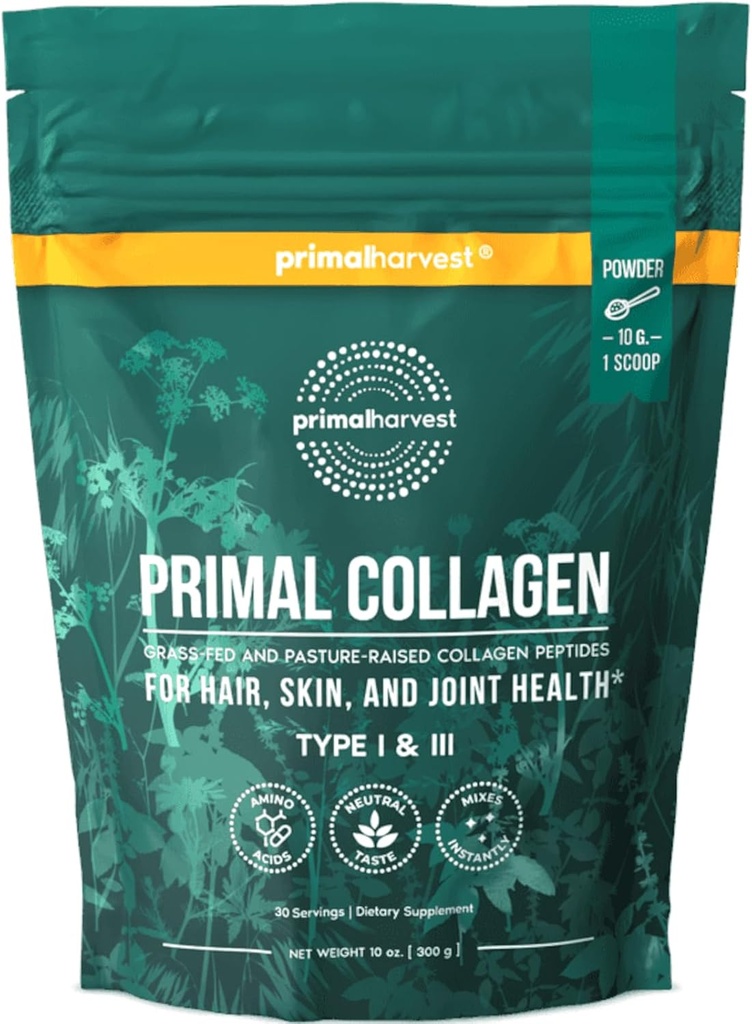 Primal Harvest Collagen Powder for Women or Men Primal Collagen Peptides Powder Type I & III, 10 Oz Collagen Protein Powder for Hair, Skin, Nails (Single, Unflavored)