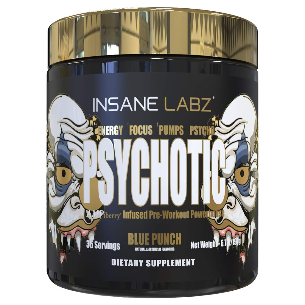Insane Labz Psychotic Gold, High Stimulant Pre Workout Powder, Extreme Lasting Energy Focus, Pumps and Endurance with Beta Alanine, DMAE Bitartrate, NO Booster (35 Servings, Blue Punch)