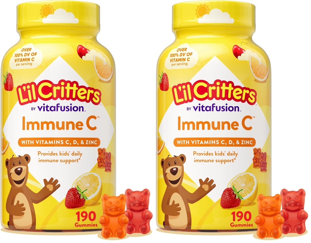 L’il Critters Immune C Daily Gummy Supplement Vitamin for Kids, Vitamin C, D and Zinc for Immune Support, Orange, Lemon, Strawberry and Cherry Flavors, 190 Gummies (Packaging May Vary) (Pack of 2)