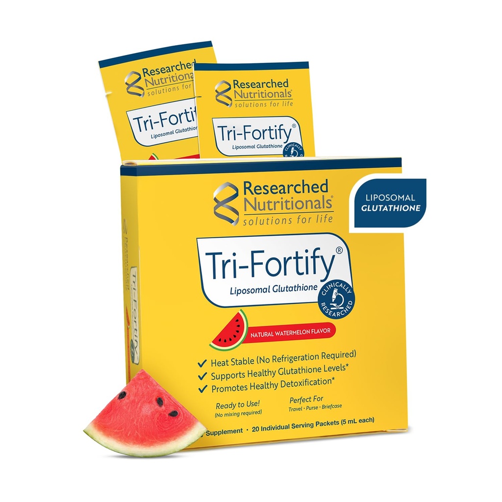 Researched Nutritionals Liposomal Glutathione (450mg) Liquid Gel + Vitamin C - Tri-Fortify - Aid Natural Energy, Immune Support & Detox - Clinically Researched for Absorption, Watermelon (20 Packets)