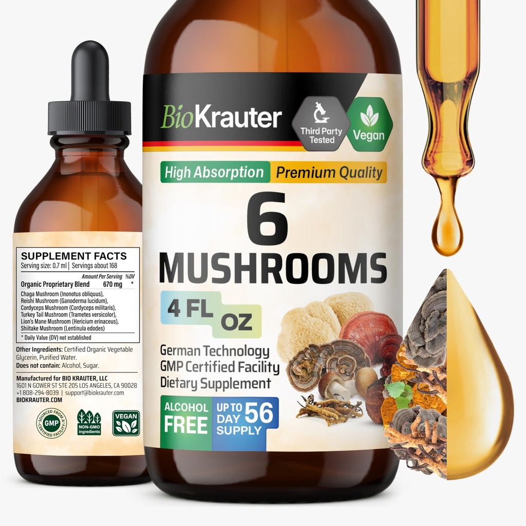 BIO KRAUTER® 6-in-1 Mushroom Complex with Lion’s Mane, Chaga, Reishi, Cordyceps, Turkey Tail & Shiitake - Vegan Mushroom Supplement for Immune Support - Natural Focus & Brain Support 4 Fl. Oz.