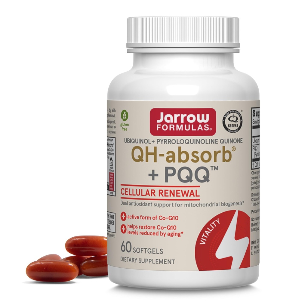 Jarrow Formulas® QH-Absorb® + PQQ, Dietary Supplement, Antioxidant Support for Mitochondrial Biogenesis, Cellular Energy Production and Cardiovascular Health, 60 Softgels, 60 Day Supply