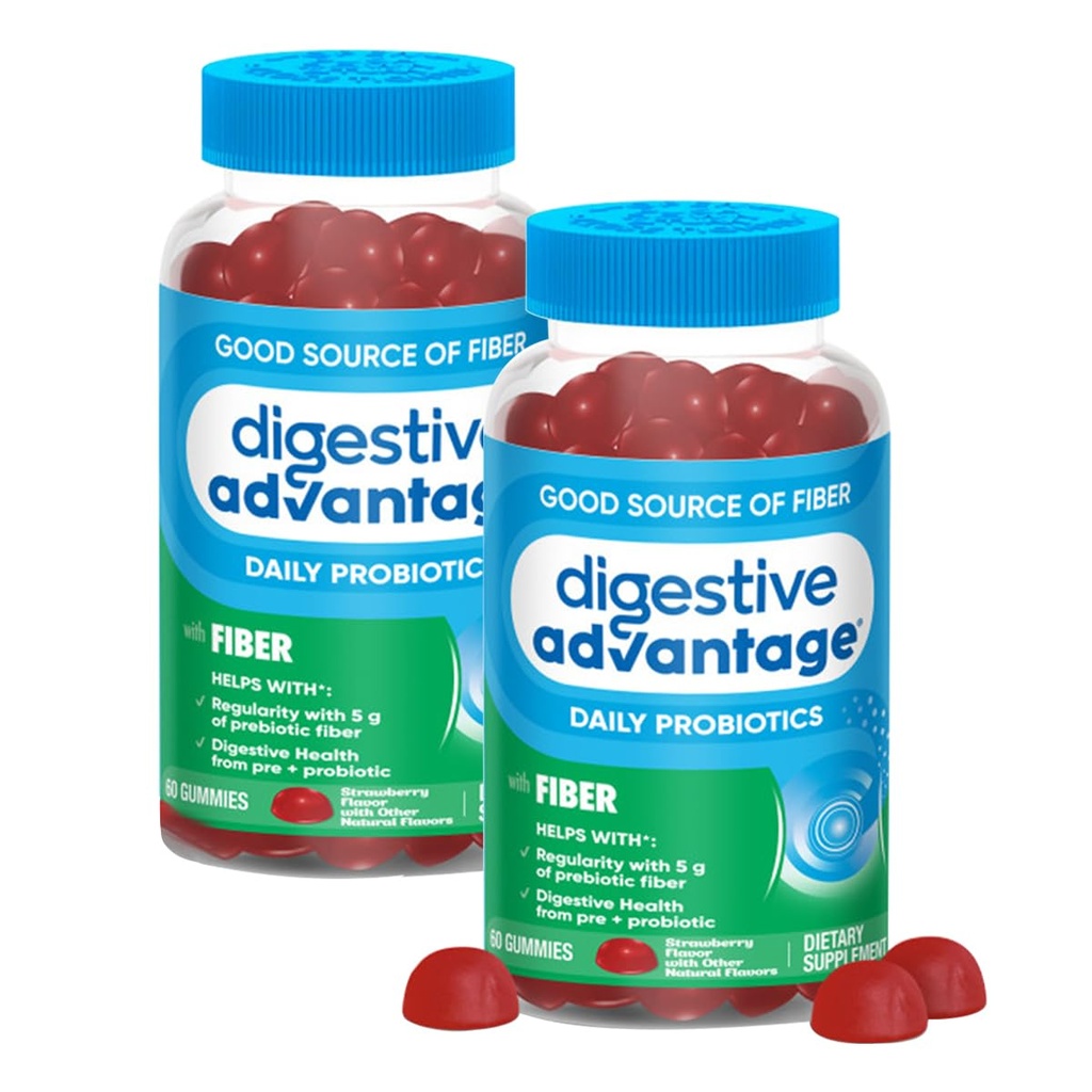 Digestive Advantage Prebiotic Fiber Supplement Strawberry Flavor Gummies with Probiotics for Women & Men Digestive Health, Adults Regularity and Gut Health, 60 Count (2 Pack)