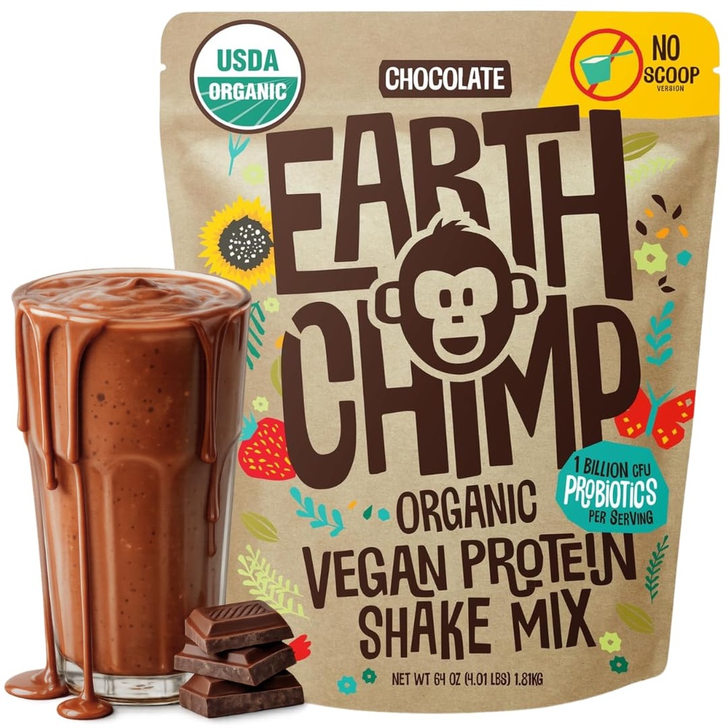 EarthChimp Organic Vegan Protein Powder - with Probiotics - Non GMO, Dairy Free, Non Whey, Plant Based Protein Powder for Women and Men, Gluten Free - 52 Servings 64 Oz (Chocolate) No Scoop