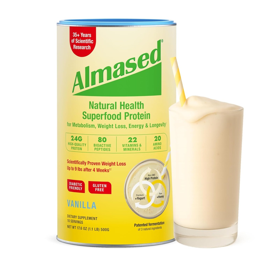 Almased Vanilla Meal Replacement Shake - Low-Glycemic High Plant Base Protein Powder- Nutritional Weight Health Support Supplement - Vanilla Flavor - 17.6 oz (1.1 Pound (1 Pack))
