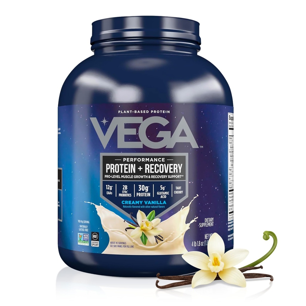Vega Protein + Recovery, Vanilla – 30g Vegan Protein, Dairy & Gluten Free, Probiotics, NSF Certified, 65.6 oz (45 Servings)