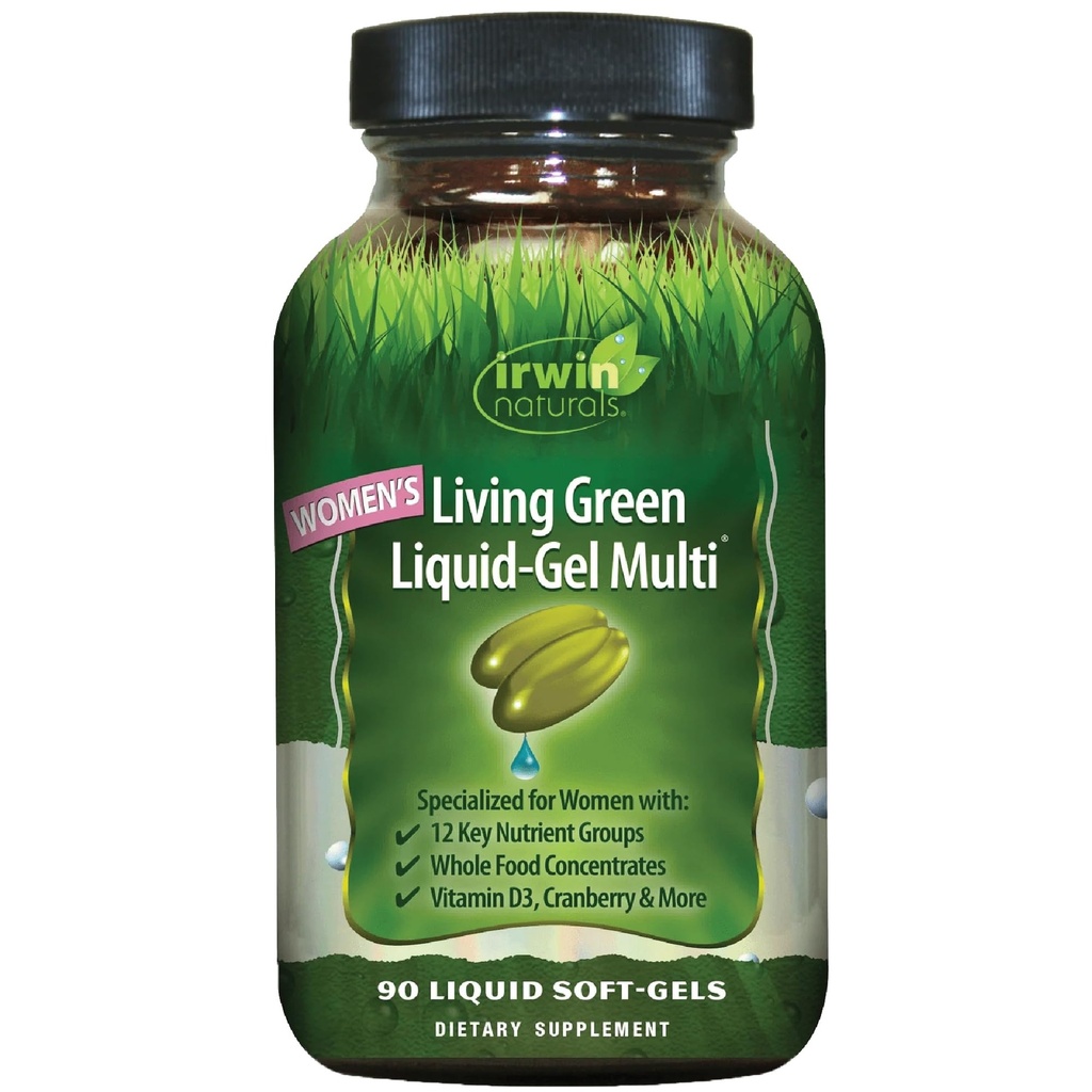 Irwin Naturals Women’s Living Green Liquid-Gel Multi - Whole Food Multivitamin for Women with 70 Nutrients, Omega Oils & Greens Blend - Liquid Soft-Gels with BioPerine® for Absorption - 120 Count
