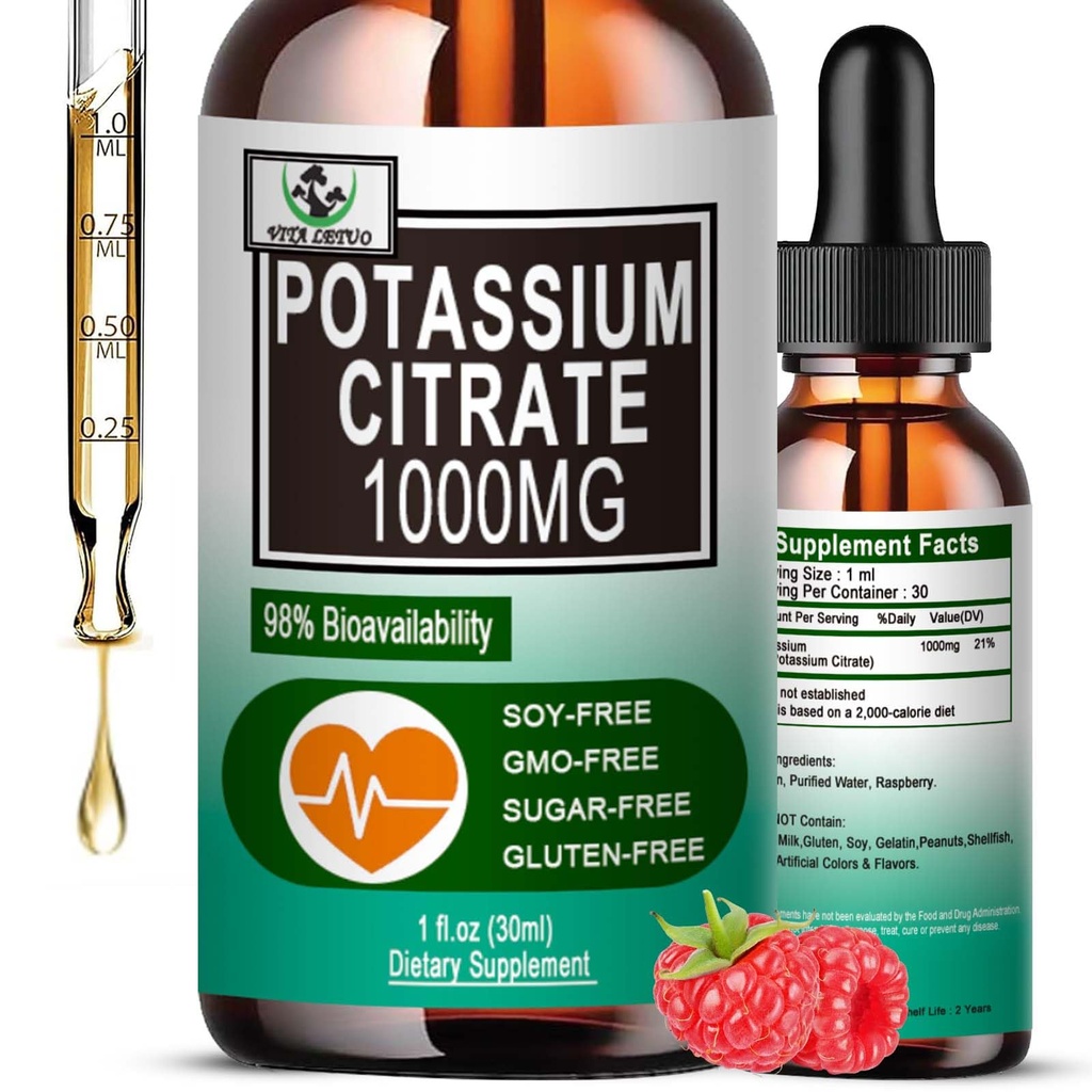 Potassium Citrate Liquid Drops,Potassium Supplement 1000mg Liquid Support Muscle Cramp Relief, Heart Health and Sleep,Highly Absorbable for Adults Women & Men, Vegan, 30 Servings