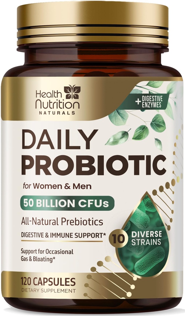 Probiotics 50 Billion CFU per Serving - 10 Strains + Prebiotics - Digestive Health, Gut & Immune Support - Occasional Constipation, Gas & Bloating Support for Women & Men, Bottled USA - 120 Capsules