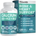 4-in-1 Calcium Supplements for Women & Men - Calcium Citrate with D3 K2 Vitamin 5000 IU - Calcium 600mg with Vitamin D3 K2 - Everyday Vitality Supplement - Vegan-Friendly, Gluten-Free (120 Capsules)