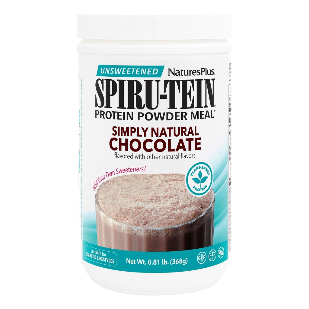 NaturesPlus SPIRU-TEIN Simply Natural, Original Chocolate - 0.81 lb - Unsweetened Plant-Based Protein Shake - Non-GMO, Vegetarian, Gluten Free - 16 Servings