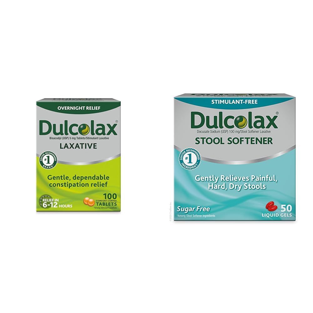 Dulcolax Stimulant Laxative Tablets (100 Count) Gentle Overnight Constipation Relief, Bisacodyl 5mg & Stool Softener Laxative Liquid Gel Capsules (50ct) Gentle Relief, Docusate Sodium 100mg
