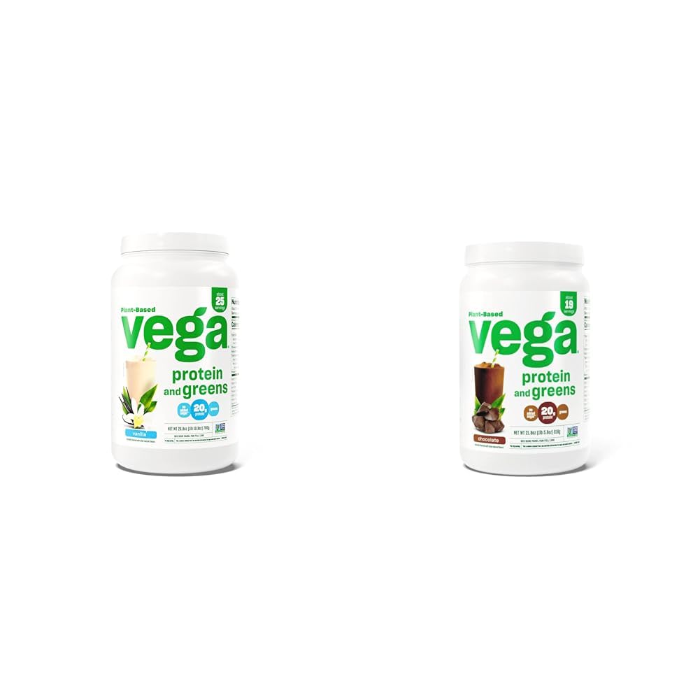 Vega Protein and Greens Protein Powder, Vanilla - 20g Plant Based Protein Plus Veggies, Vegan & Protein and Greens Protein Powder Chocolate (19 Servings) - 20g Plant Based Protein Plus