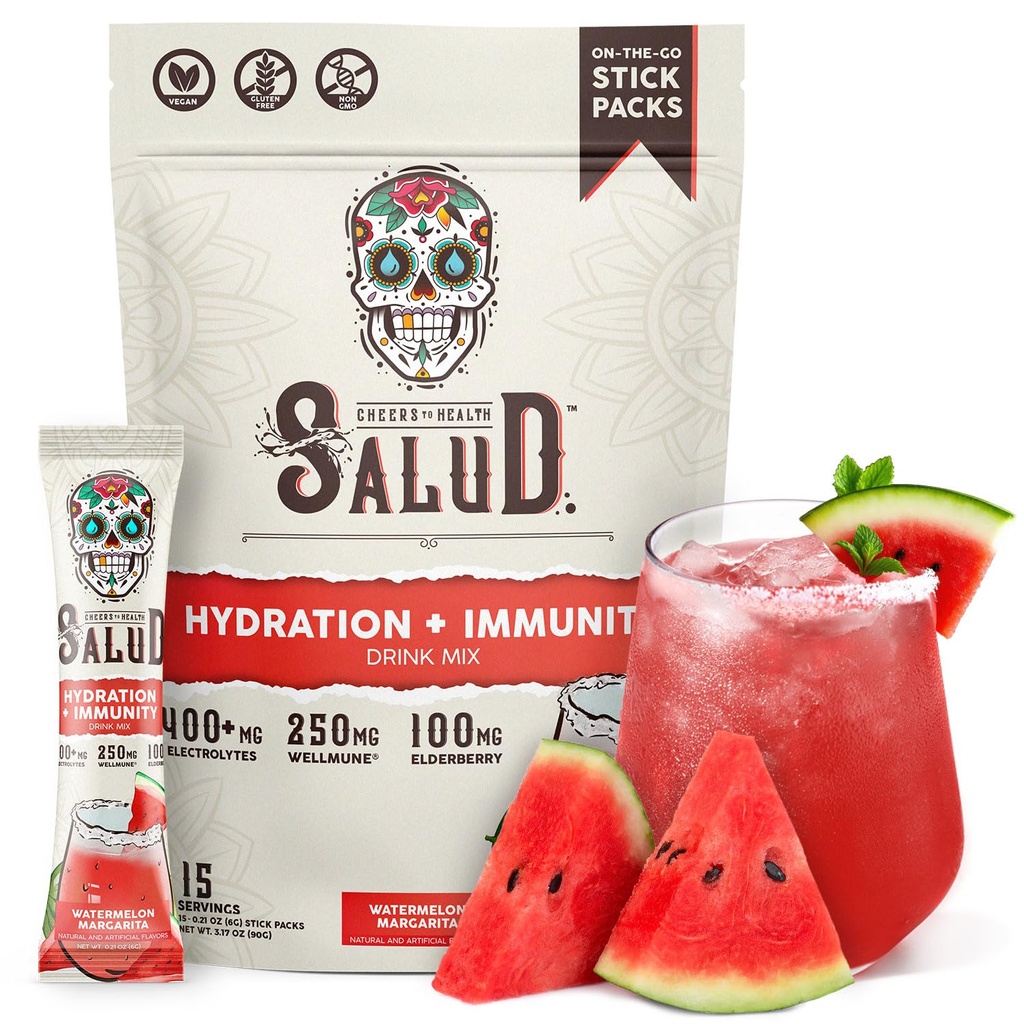 Salud 2-in-1 Hydration Packets + Immunity Electrolytes Powder, Watermelon Margarita - Agua Fresca Drink Mix, Elderberry, Dairy & Soy Free, Non-GMO, Gluten Free, Vegan, 1g Sugar (15 Servings)
