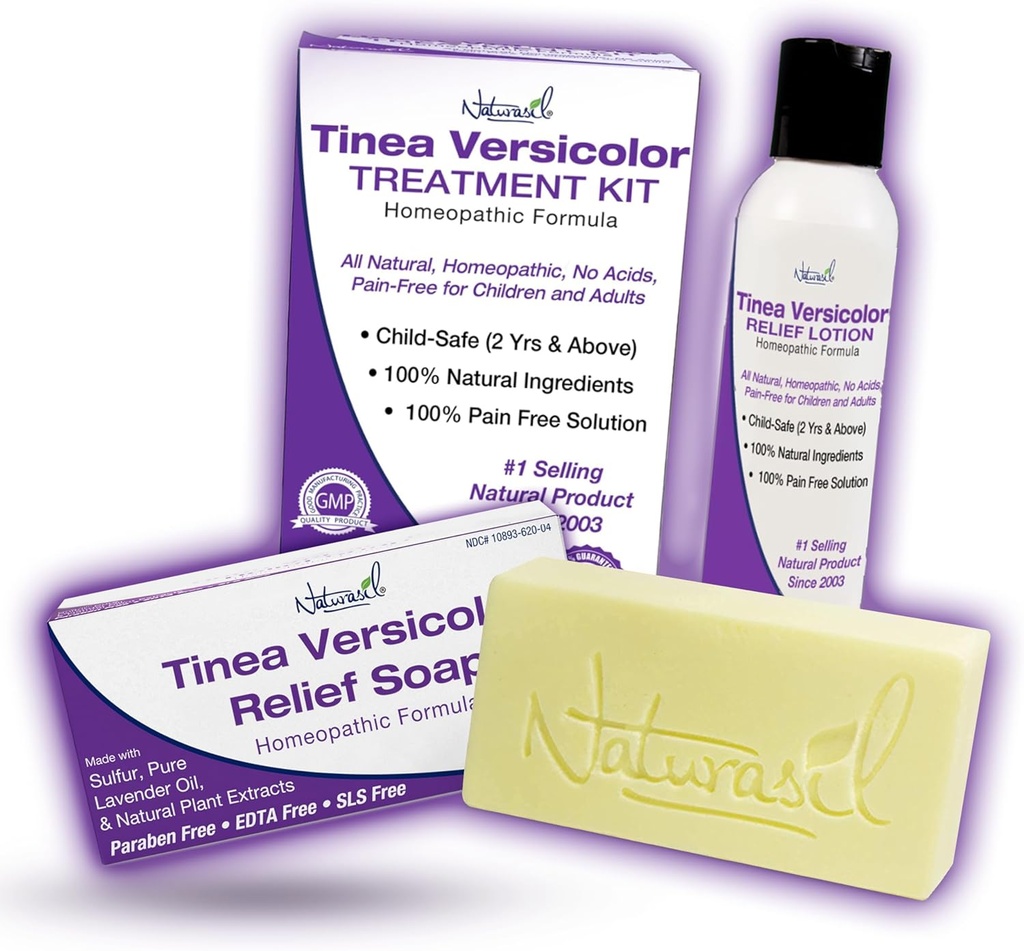 Naturasil Antifungal Tinea Versicolor Treatment Kit Gentle & Fast Relief for All Types of Tinea, Folliculitis, Itch & Chilblains| Safe for Kids & Adults| Sulfur Lotion (4oz) + 1 Relief Soap (4oz)