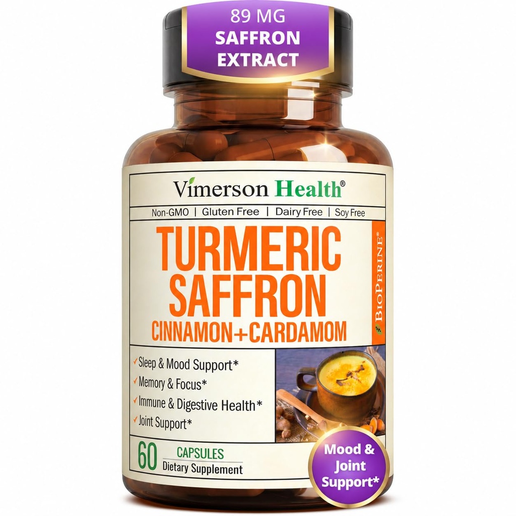 Saffron Supplements – 89mg Saffron Extract, 1000mg Turmeric Curcumin, Ceylon Cinnamon & Cardamom – Daily Mood, Joint & Metabolic Support – Joint Supplements for Women & Men – 60 Capsules