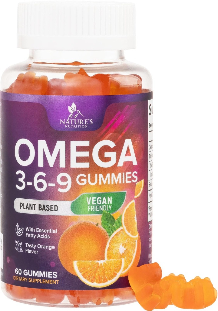 Omega 3 6 9 Gummies - Vegan Omega 3 Supplement Gummy - Essential Fatty Acids Oil 369 Complex Heart Support & Brain Support for Women, Men & Pregnancy, Fish Free Non-GMO, Orange Flavored - 60 Gummies