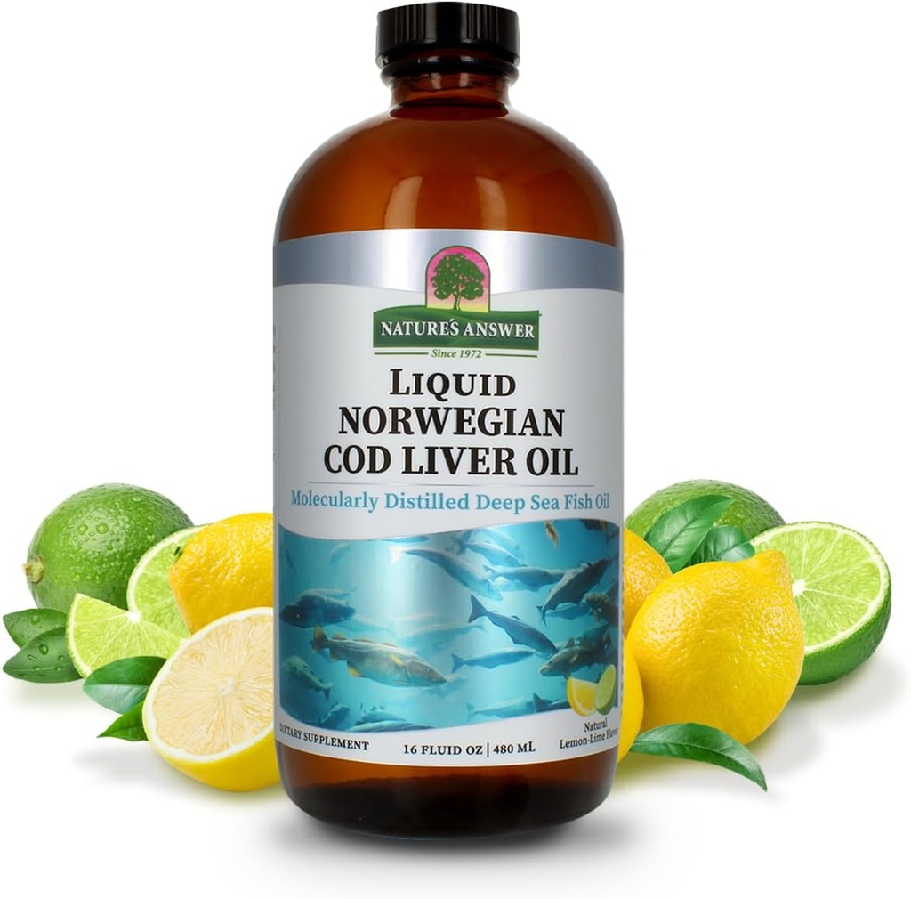 Nature's Answer Cod Liver Oil Liquid Supplement, 16-Fluid Ounces | Promotes a Healthy Heart & Brain | Cognitive and Cardiovascular Support | Great Tasting (Pack of 2)