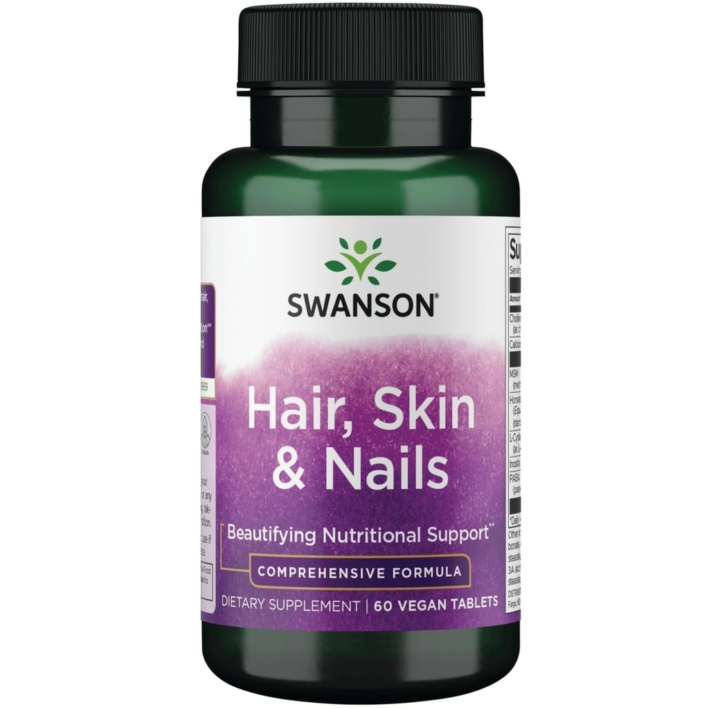 Swanson Hair, Skin & Nails Beauty Supplement for Adults Seeking Collagen Formation and Strengthening Support with MSM and Horsetail Extract (60 Vegan Tablets)