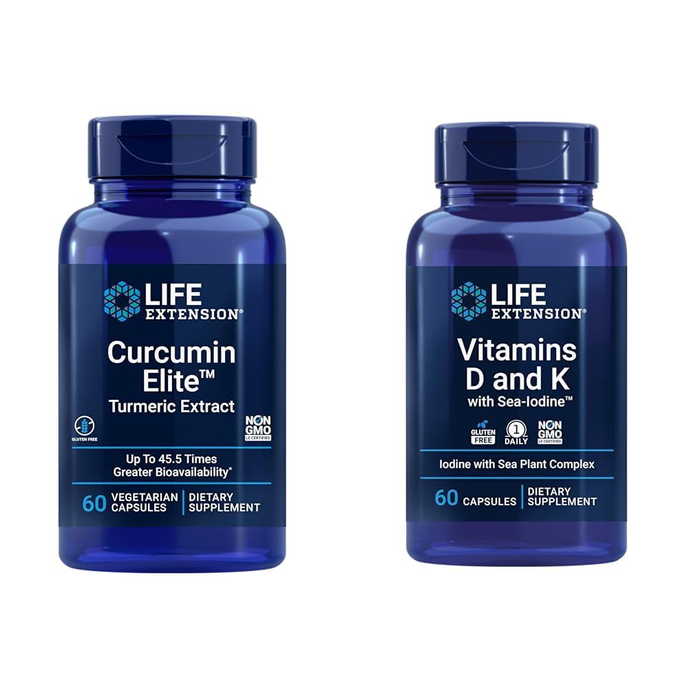 Life Extension Curcumin Elite Turmeric Extract, Promotes a Healthy inflammatory Response & Vitamins D and K with Sea-Iodine, Vitamin D3, Vitamin K1 and K2