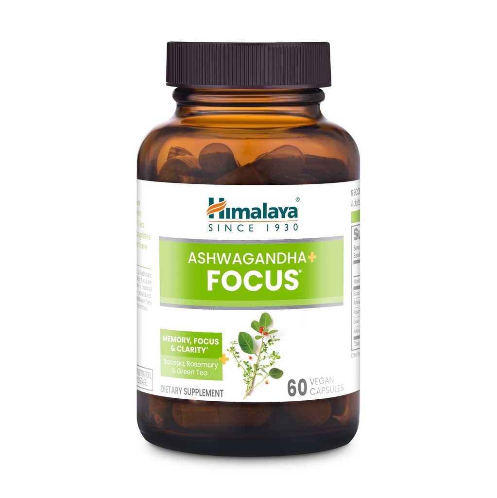 Himalaya Ashwagandha+ Focus - Herbal Focus Supplement with B12, Rosemary, Green Tea, and Bacopa Nootropics for Memory and Clarity - Vegan, Non-GMO, Gluten Free, 1690 mg, 60 Caplets