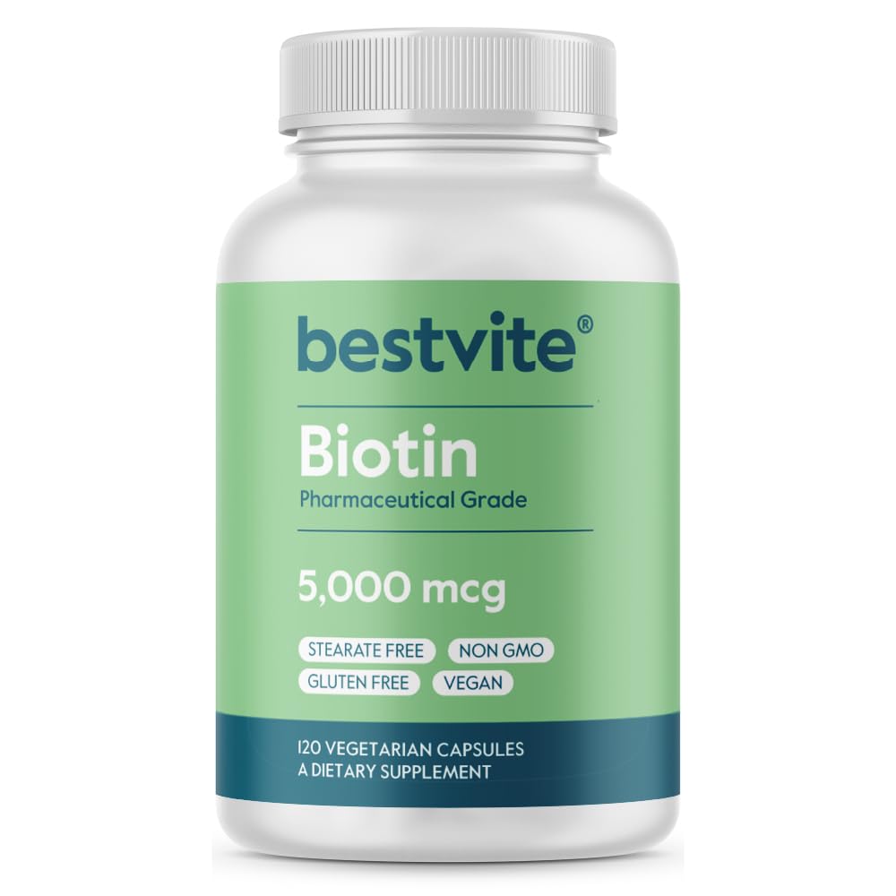 BESTVITE Biotin 5000mcg (120 Vegetarian Capsules) - No Stearates - No Flow Agents - Vegan - Non GMO - Gluten Free - Hair, Skin, Nails