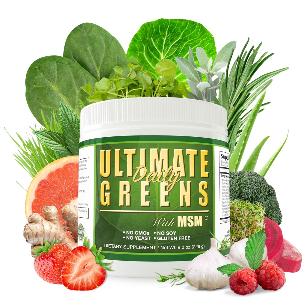 Daily Health, Ultimate Greens with MSM Powder, Vegan Friendly Natural Ingredients Gluten Soy Free NO GMO Superfood Vegetable Nutritional Drink Alkalizing Energy 8oz 1 Pack (1 Month Supply)