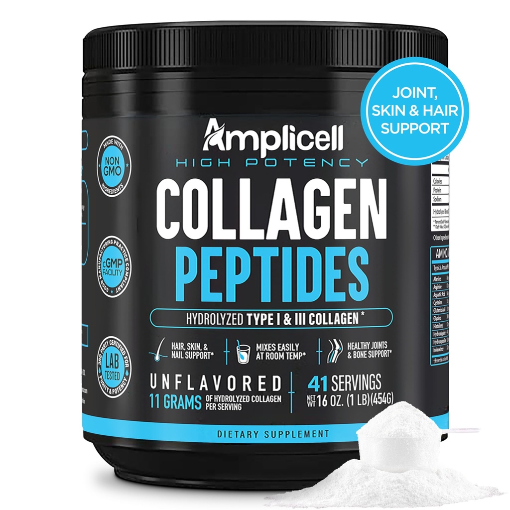 AMPLICELL Multi Collagen Peptides Powder – Hydrolyzed Type I & III Grass-Fed Bovine Collagen – Unflavored Protein for Hair Skin Nails, & Joints – Keto Paleo, Collagen for Men & Women – 41 Servings